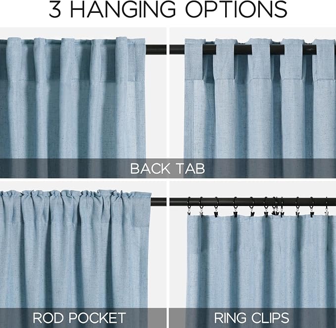 Nanspring Blue Semi Sheer Linen Curtains 90 inch Length for Living Room Back Tab Rod Pocket Modern Farmhouse Coastal Decor Dusty Blue Cotton Textured Gauze Curtains for Dining Room Office 52x90