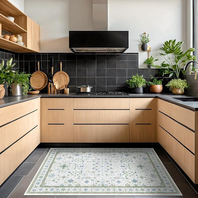 Hazo Haus Blue and Green Washable Rugs 3x6 - Vintage Boho Floral Pastel Cream, Washable Low Pile Non Slip Small Throw Accent Area Rug for Entry Way, Laudry Room, Kitchen, Bedroom Beside Bed Decor