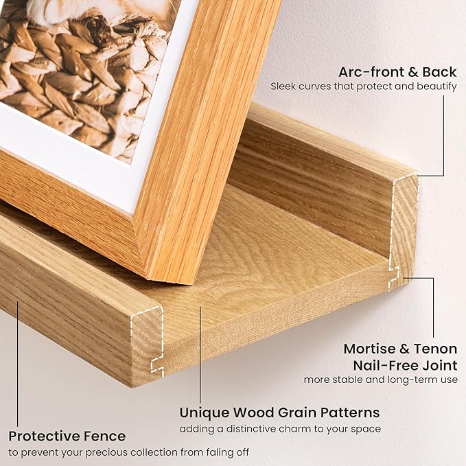 Acovy Solid Ash Wood Picture Ledge Shelf, 24 Inch, Natural, Set of 2 | Wood Floating Shelves with Lip, Photo Ledge Shelf, Wall Mounted, For Living Room Bedroom Nursery