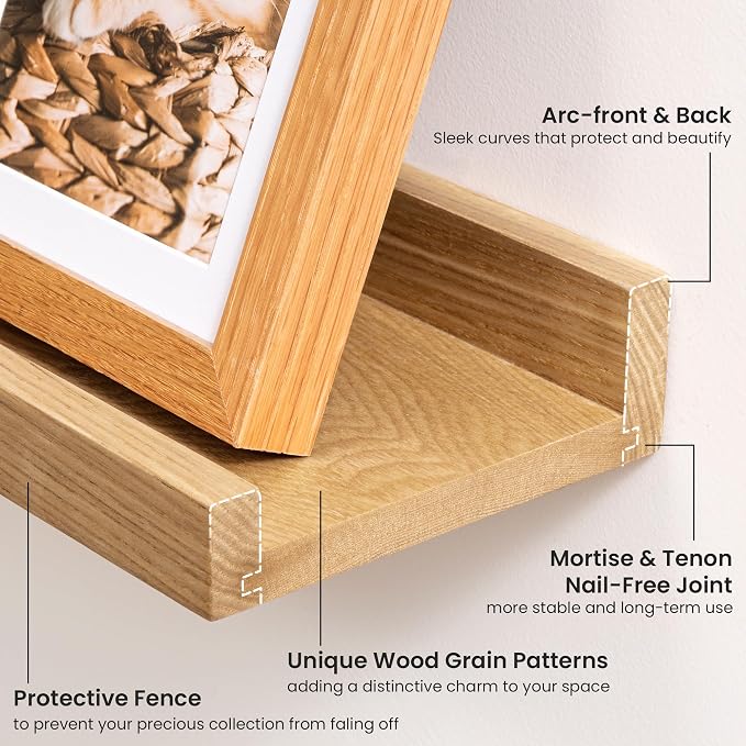 Acovy Solid Ash Wood Picture Ledge Shelf, 56 Inch, Natural, Set of 2 | Floating Shelves, Wall Mounted, For Living Room Bedroom Kitchen Nursery, Large Ledge Shelves
