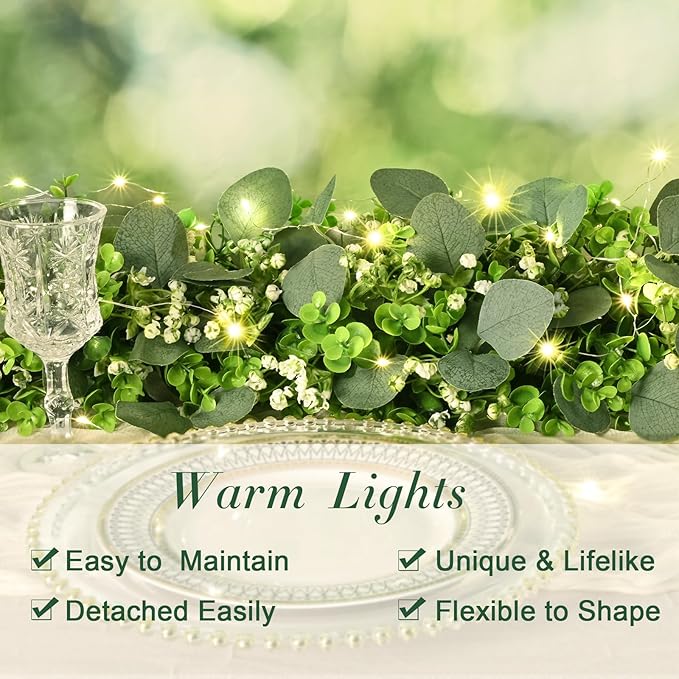 4Pcs Eucalyptus Garland with Lights, Greenery Garland, Green Garland with Flowers, 5.9FT Artificial Faux Eucalyptus Leaves Vines for Table Mantle Home Wedding Party Indoor Outdoor Decor