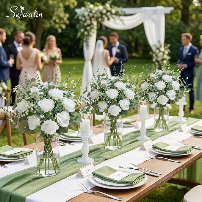 Serwalin 240 Pcs Mixed Eucalyptus Greenery Stems, White Silk Roses and Babys Breath Artificial Flowers for DIY Wedding Bouquets Home Party Arrangement Floral Vase Decor
