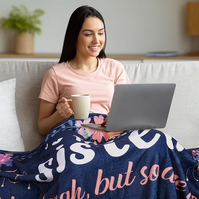 Sister Gifts Throw Blanket, Inspirational Quote Floral Design Soft Cozy Fuzzy Flannel Blanket, Sentimental Gift for Sister Birthday Christmas from Brother or Friend (50" x 60")