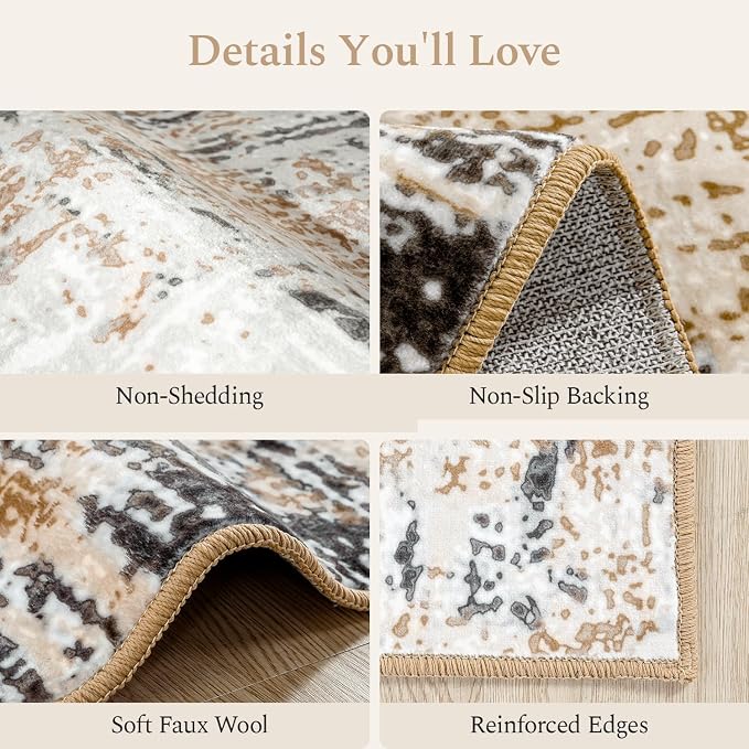 Rugflix 8x10 Washable Area Rugs, Neutral Boho Carpet Living Room Rug Non Slip Stain Resistant, Large Area Rug for Indoor Bedroom Dining Room Office, Brown