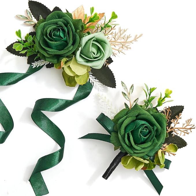 Alecono Green Corsage and Boutonniere Set, Corsages for Bride Bridesmaid Groom Bridegroom, Artificial Flowers for Prom Graduation Ceremony Anniversary