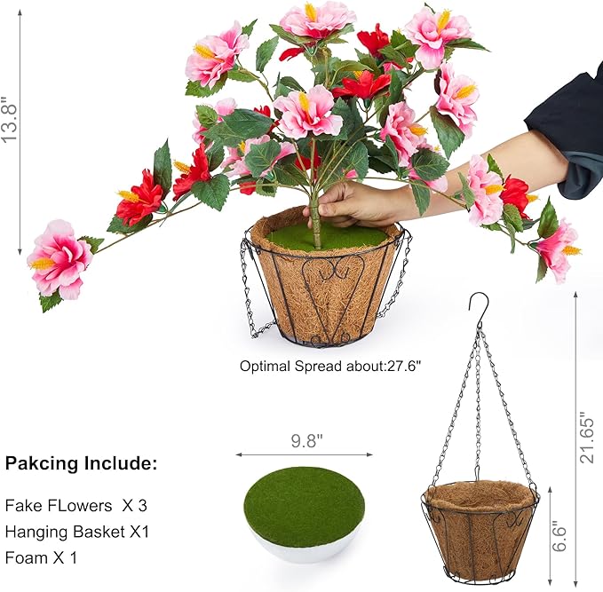 Inxugao Artificial Flowers for Outdoors Indoors,3 Bunches Fake Hibiscus with Hanging Basket Foam Realistic UV Resistant Silk Flower Leaves,Faux Plant for Outside Home Patio Garden Poch Decor(Red,Pink)