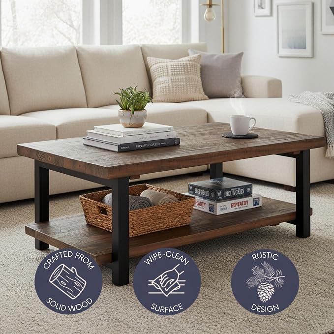 Alaterre Furniture Pomona Solid Wood Coffee Table, Rustic Brown, 48” | Large Rectangular Center Table with Storage Shelf and Metal Legs, Rustic Industrial Farmhouse Living Room Table