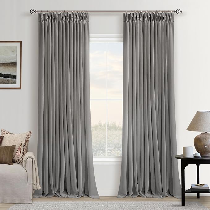 Pinch Pleated Linen Grey Curtains 120 Inches Long for Living Dining Room with Hooks Rings Back Tab Pinch Pleat Drapes Extra Long Light Filtering Gray Semi Sheer 120 Inch Curtains for Bedroom 10FT