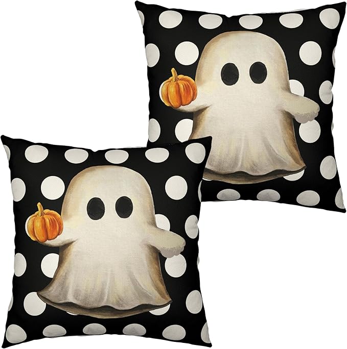 Set of 2 Happy Halloween Pillow Covers 22x22 Gus Ghost Spooky Pillow Case White Polka Dot Horror Holiday Cushion Case for Couch Sofa Halloween Party Decorations