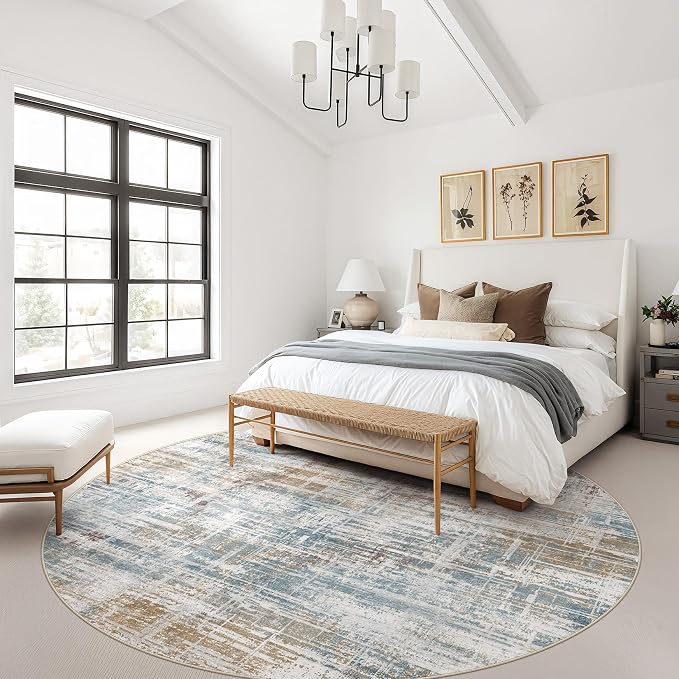 UERMEI 8ft Round Area Rug for Living Room: 8x8 Washable Neutral Abstract Modern Soft Circle Rugs Non Slip Indoor Floor Stain Resistant Carpet for Bedroom Dining Room Office Nursery Blue Brown