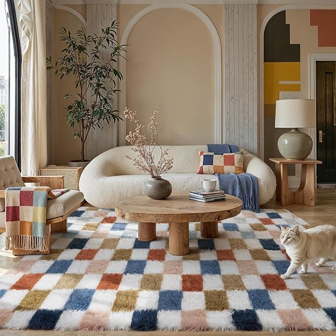 PureCozy Checkered Rug 9x12 for Living Room, Modern Rainbown Shag Rug Washable Non-Slip Large Area Rug Super Soft Indoor Fuzzy Carpet Fluffy Rugs for Bedroom Home Aesthetic Decor