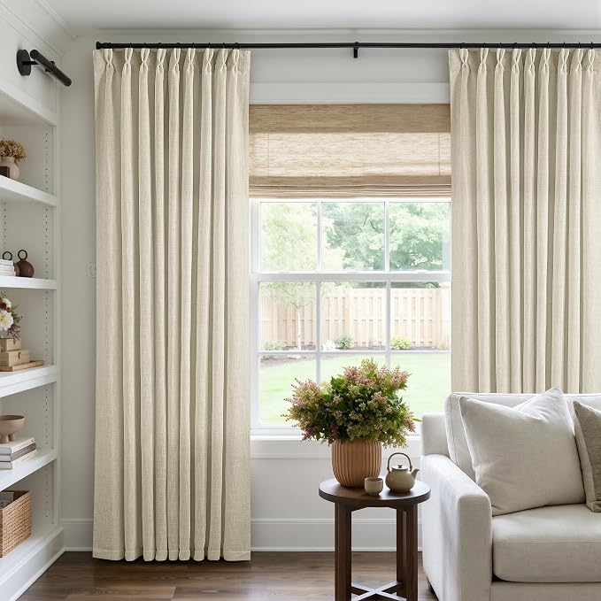 TWODRAPES Extra Wide Pinch Pleat Curtains 60 Inch Wide Beige Linen for Living Room Light Filtering Semi Sheer Pleated Curtains for Patio Glass Sliding Door Dining Bedroom Large Window 60x96 1 Panel