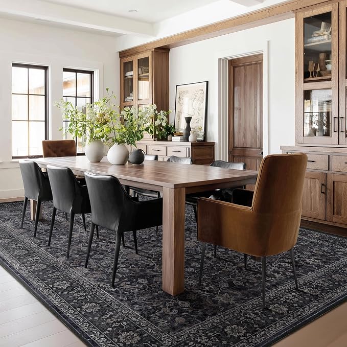 Dark 7x10 Rugs for Living Room, Vintage Farmhouse Area Rug for Bedroom Dining Room, Low Pile Thin Washable Non Slip Room Carpet Rug for Home Office Family Room Guest Room