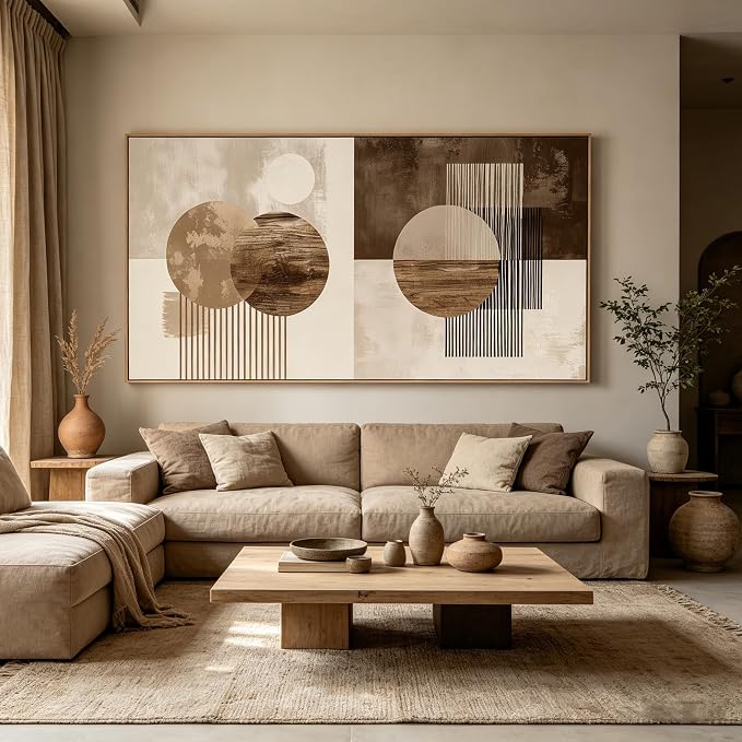 Sorbrozo Large Abstract Geometric Wall Art with Wood Colored Frame Mid Century Modern Boho Sun and Moon Canvas Painting Neutral Earth Tone Pictures for Living Room 24x48 inch