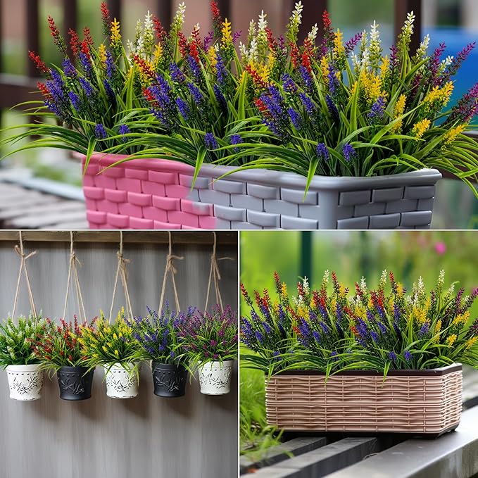 Nigirior Artificial Flowers for Outdoor Plants 24 Bundles Fake Lavender Plastic Faux Monkey Grass for Verandah Window Garden Office Patio Front Porch UV Resistant for Planter(5 Colors)