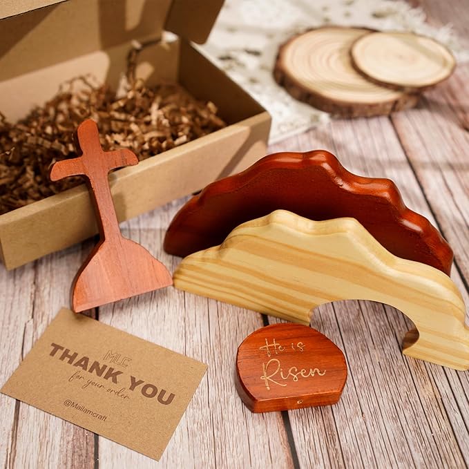 He Is Risen Easter Decor – Wooden Resurrection Scene with Empty Tomb, Cross & Figurines, Christian Religious Tabletop Decoration for Home Christian Easter Basket Stuffer