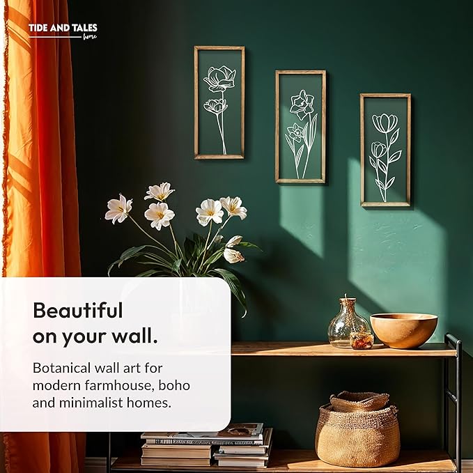 3D Floral Green Wall Art (Set of 3) Lightweight, Wooden Ready-to-Hang Boho Framed Wall Art for Bathroom, Master Bedroom, Living Room or Office - Premium Sage Green Farmhouse Decor - Gift-Boxed