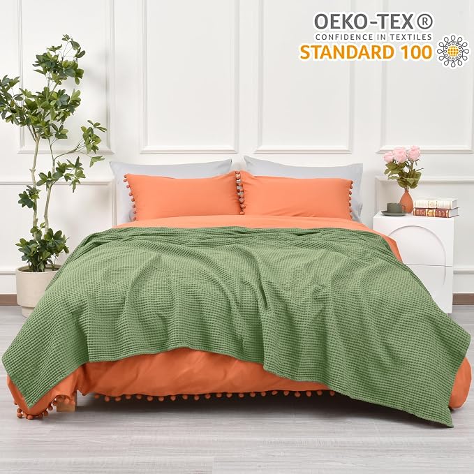 PHF Pre-Washed 100% Cotton Waffle Weave Blanket Twin Size for Bed,Snag Proof Throw Blanket for Couch Spring Summer Lightweight Breathable,Machine Washable, Home Decor Gift - Loden Green