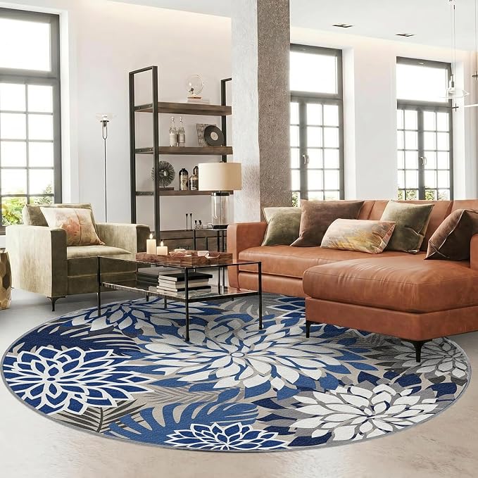 6x6 Outdoor Area Rug Washable Multicolored Patio Rug Tropical Botanical Floral Chenille Waterproof Outdoor Carpet Non-Slip for Patio, Deck, Backyard, Porch, Blue