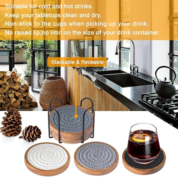 Eykao Coasters for Drinks Absorbent Sets of 5, Woven Coasters with Holder, Housewarming Gift for Farmhouse Home Decor, 4 inches (Gray Series)