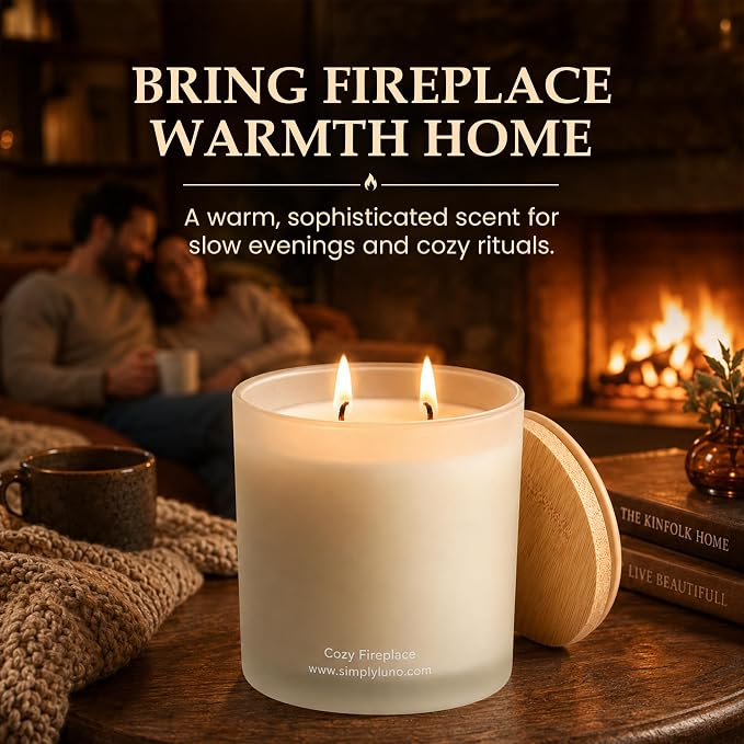 Cozy Fireplace | Mysore Sandalwood, Teak & Mahogany Scented Candle | 14oz Soy Wax Large Candle | 50+ Hour Long Lasting Candle for Home, Living Room, Bedroom & Relaxation | Luxury Jar Candle Gift Box