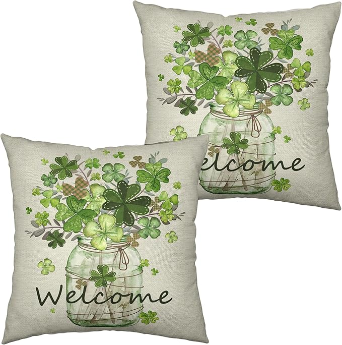 St Patricks Day Pillow Covers 18x18 Set of 2 Shamrock Pillow Case Clover Vase Decorative Pillow Covers Spring Cotton Linen Cushion Case for Living Room Outdoor Bedroom