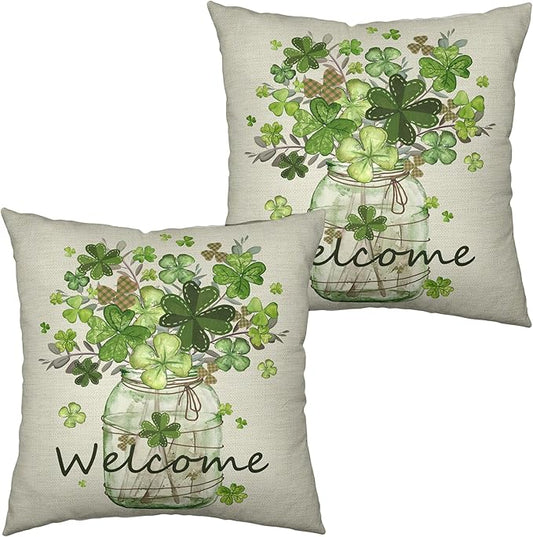 St Patricks Day Pillow Covers 18x18 Set of 2 Shamrock Pillow Case Clover Vase Decorative Pillow Covers Spring Cotton Linen Cushion Case for Living Room Outdoor Bedroom
