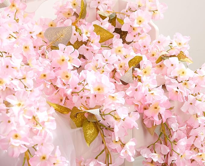 PONKING Flower Garland, Artificial Hydrangea Vine Flowers, Hanging Fake Hydrangeas Vine for Room Anniversary Wedding Birthday Christmas Wall Arch Decor, 2 Pcs, Floral Garland, Light Pink Flower