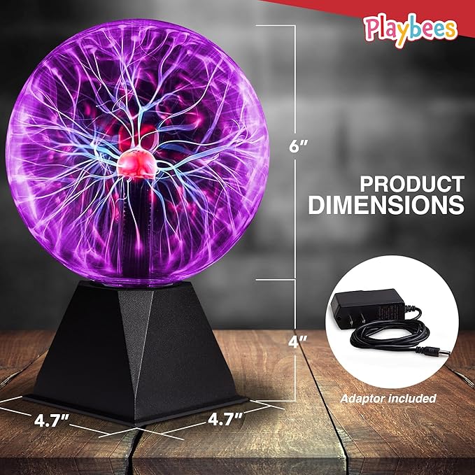 Playbees Purple Plasma Ball - 7 Inch - Tesla Coil Bulb Static Electricity in a Vacuum Pressurized Glass Globe, Nebula, Thunder Lightning, Plug-in - for Parties, Decorations, Prop, STEM