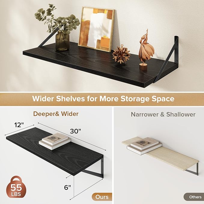 Acovy Deep Floating Shelves Wall Mounted, 30"x12" Black Wall Shelves with Brackets Set of 2 for Bedroom, Living Room, Bathroom, Kitchen, Office - Storage & Display Shelf for Decor, Books, Plants