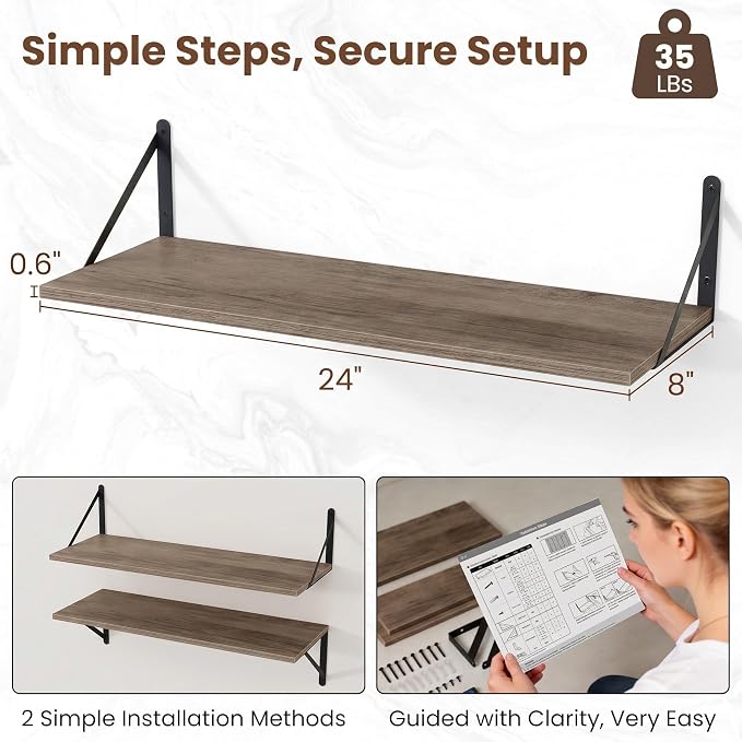 Vivelove Deep Floating Shelves for Wall, 24W x 8D Rustic Grey Wood Wall Shelves Set of 2, Large Floating Shelf for Living Room, Kitchen, Office, Bedroom and Decor Storage, with Metal Bracket - Grey