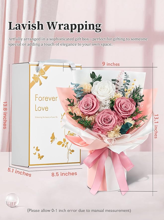 Flomoon Forever Flowers Gifts for Mom, Mothers Day Preserved Flowers Bouquet Birthday Gifts for Her, Preserved Roses for Grandma Wife Anniversary Valentines Day Christmas (Dusty Pink)