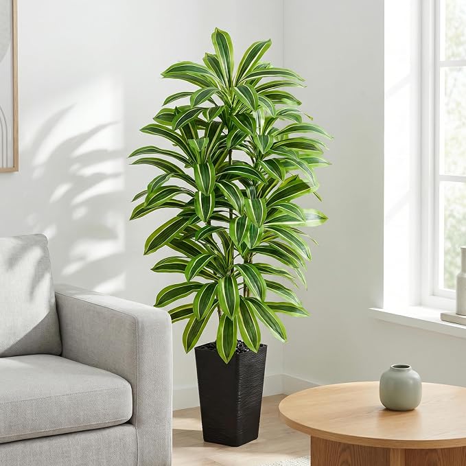 Artificial Dracaena Tree：6FT Faux Silk Tropical Yucca Floor Trees Realistic Fake Green Plant with Natural Wood Trunk & Lifelike Leaves for Home Office Decor Indoor & Outdoor (6FT,1-Pack,Black)