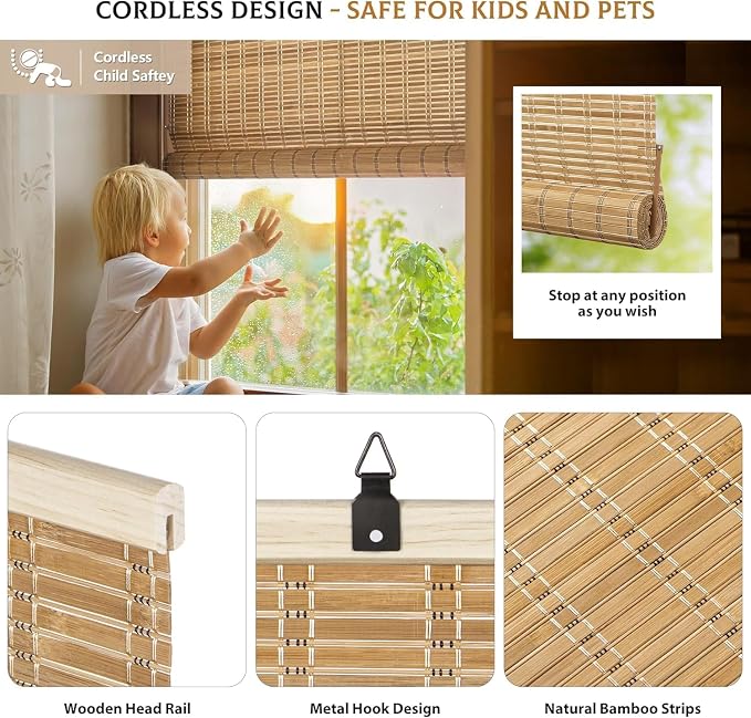LazBlinds Cordless Bamboo Blinds, Custom Size, Brown206 | Bamboo Roll Up Shades for Windows, Light Filtering Hanging Window Blinds, Bamboo Shades for Patio Indoor/Outdoor Porch