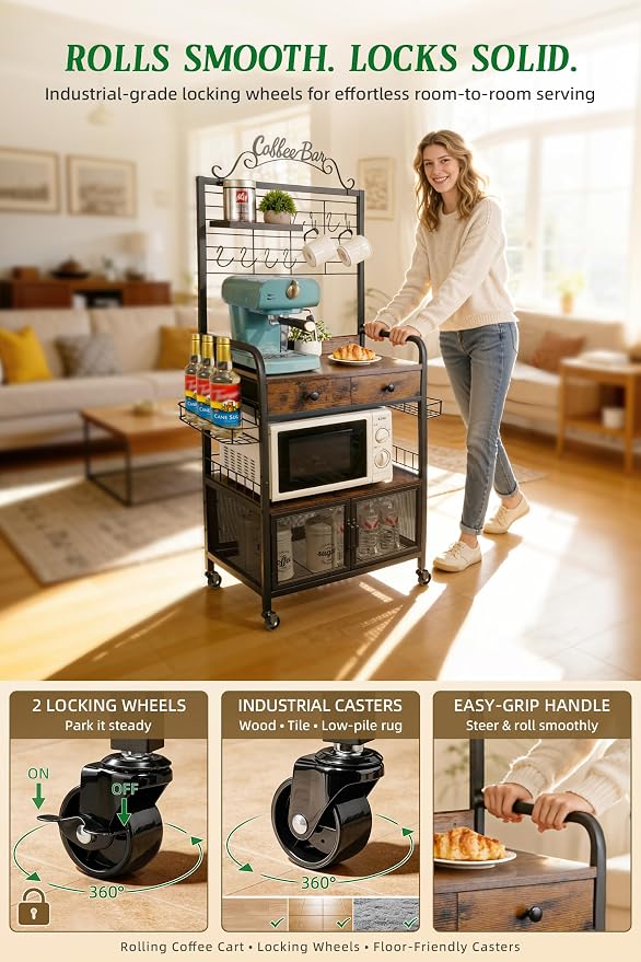 Rolling Coffee Bar Cart for Small Spaces, Coffee Station Cabinet with Storage, Apartment Coffee Nook, Side Syrup Rack, Tea Pod Drawer, Magnetic Doors, Lockable Wheels, Rustic Brown