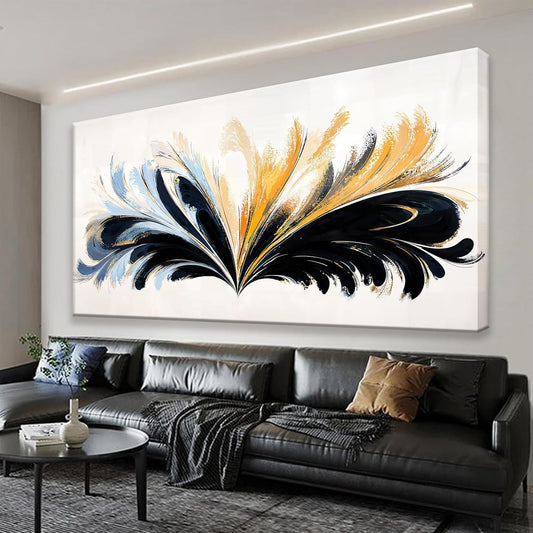 QSQ Large Black And Gold Abstract Wall Art For Living Room Canvas Art Wall Decor Abstract Blue Feather Wall Decor Print Picture For Bedroom Apartment Office Home Wall Decoration 29 X 58 Inch