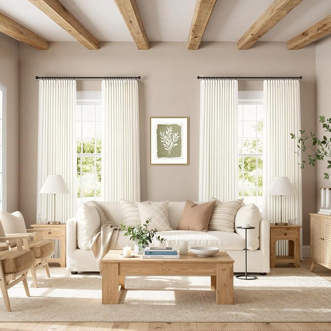 Pinch Pleat Cream Linen Curtains 80 Inch Length for Living Room Bedroom Back Tab Light Filtering Sheer Thick Linen Pleated Drapes with Hooks Rings Cloth Canvas Textured 80 Inch Curtain Ivory 2 Panel
