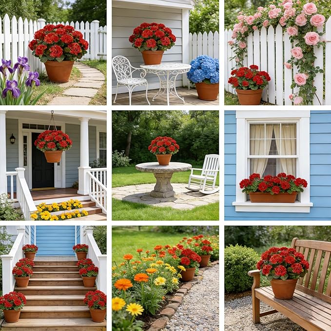 Artificial Flowers for Outdoors, 6 Bundles Realistic Silk Fake Red Geraniums, Faux Plastic Flowers for Outdoor Planters, Hanging Baskets, Window Boxes, Porch, Patio Decor