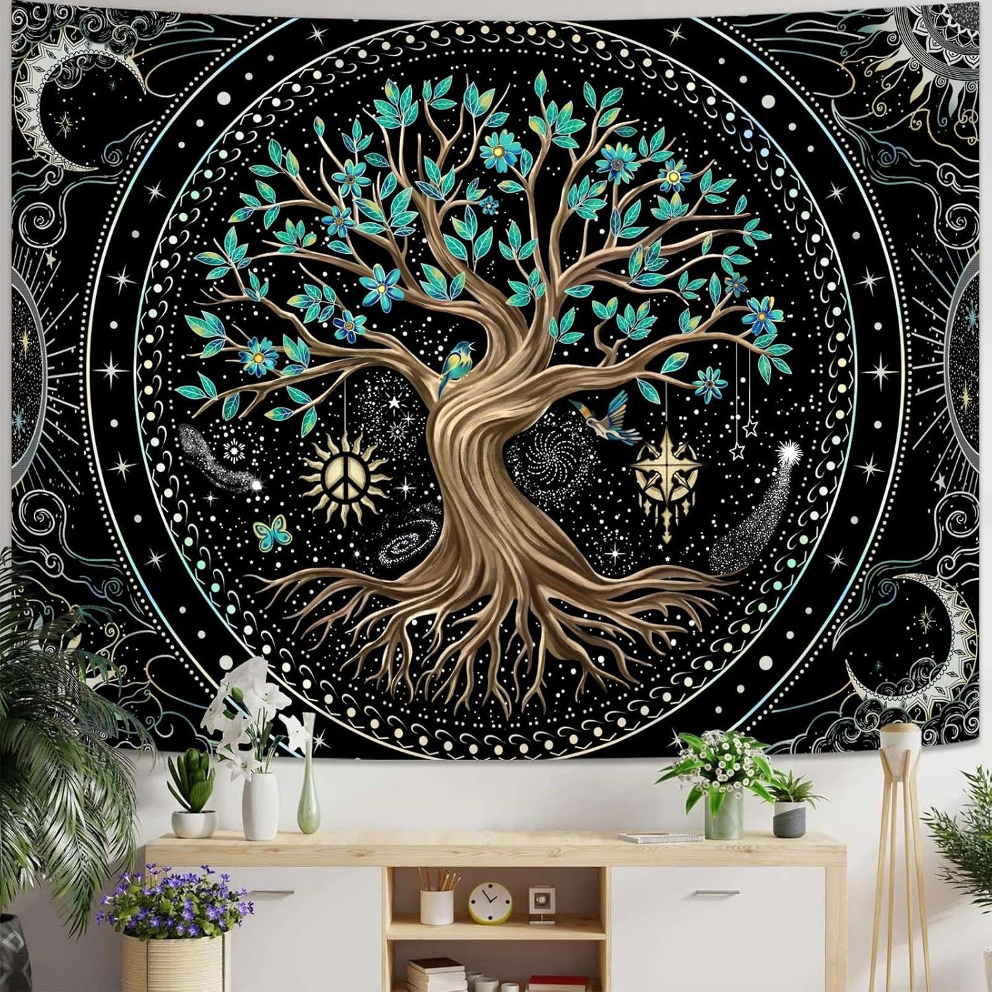 Lunerfex Tree of Life Tapastry Butterfly Moon Tapastry Flower Green Tree Tapestries Mandala Wall Hanging for Bedroom and Living Room Decor 44×60 Inches