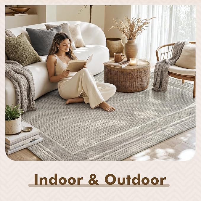 MontVoo-Outdoor Rug-Patio Rug 5x7 ft Polypropylene Indoor Outdoor Rugs Outdoor Carpet for Patio Deck Balcony Porch, Textured Weave, Durable for High Traffic, Fade-Resistant, Modern Silver Grey