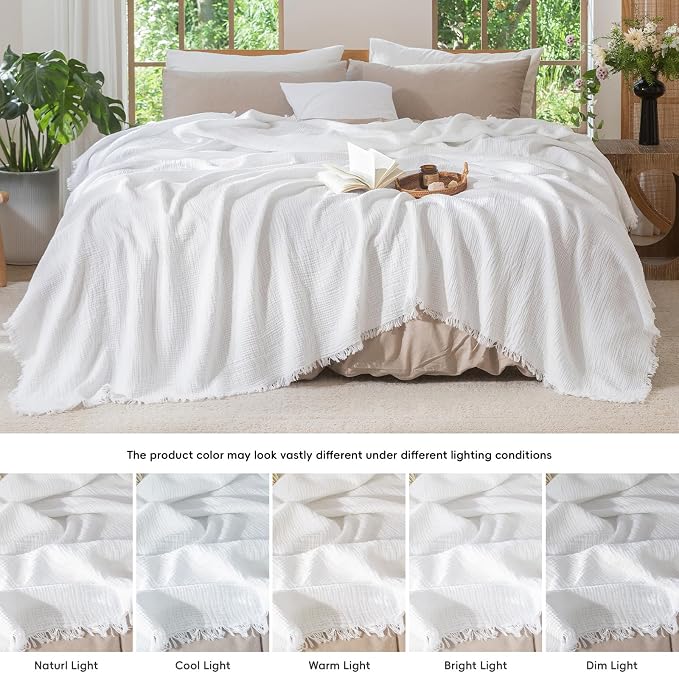 MooMee Muslin Blanket - 100% Cotton 4-Layer Gauze Throw Blanket with All-Around Fringe, Soft Breathable Lightweight Cooling Summer Blankets for Bed Couch (Bright White,Throw XL 50" x 70")