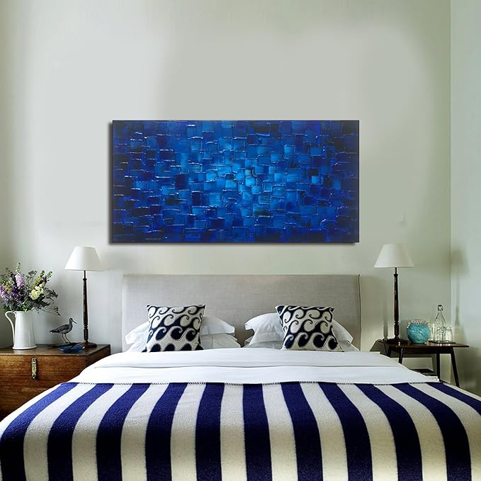 MyArton Large Abstract Dark Blue Square Wall Art Hand Painted Textured Oil Painting on Canvas Ready To Hang 60x30inch
