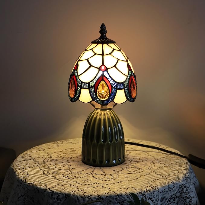 Tiffany Stained Glass Mushroom Table Lamp 12.5 Inch -Pink Peacock | Tiffany Lamp,6X6X12.5 Inch,Small Night Light,Ceramic Base, Mini Accent Light Suitable,Bedside,Bedroom, Children Room,Antique