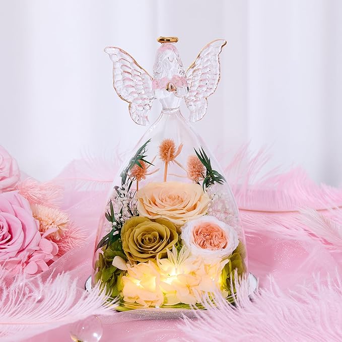 Mothers Day Rose Gifts for Women Preserved Real Flower in Glass Angel Figurines Roses for Delivery Prime Birthday Gifts for Mom Grandma Girlfriend Wife Her, ChampagneGold Austin