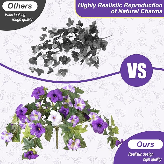 Ammyoo Artificial Hanging Fake Flowers with Basket Plants for Outdoor Decoration, Faux Silk Flower UV Resistant Morning Glory for Home Porch Patio Garden Balcony Yard Look Real (Purple White)