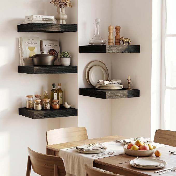 Fun Memories Wood Floating Shelves 16 Inch, 12 Inch Deep Shelves Wall Mount, Wall Shelves with Invisible Bracket, 16" Floating Shelves for Living Room Bathroom Bedroom, Black, Set of 2