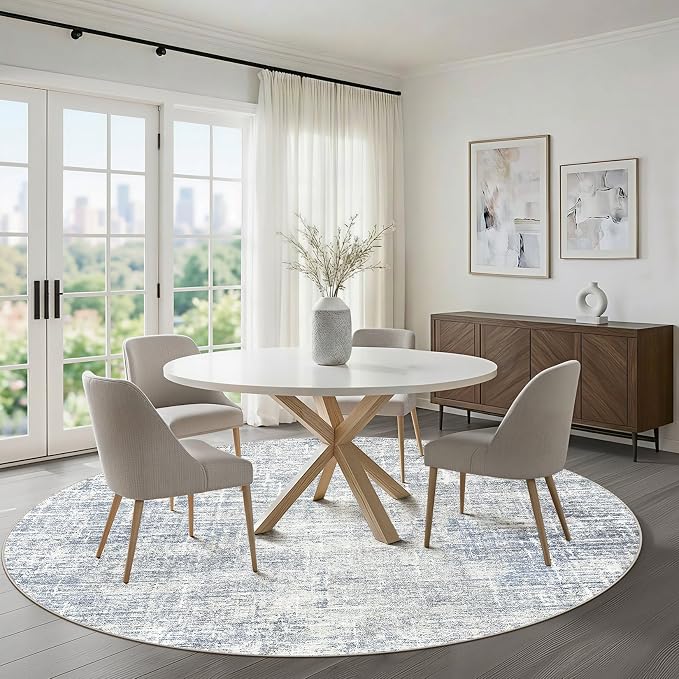 6ft Round Rug Living Room: 6x6 Washable Large Neutral Blue Circle Area Rug Abstract Soft Modern Stain Resistant Indoor Floor Non-Slip Carpet for Bedroom Nursery Kids Office Playroom Dining Room