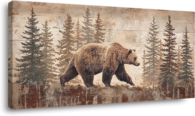 Ggaafet Brown Bear Forest Wall Art for Living Room Canvas Painting Prints Retro Wood Rustic Wildlife Art Deco Vintage Nature Artwork Office Bedroom Farmhouse Dining Room Decor Extra Large