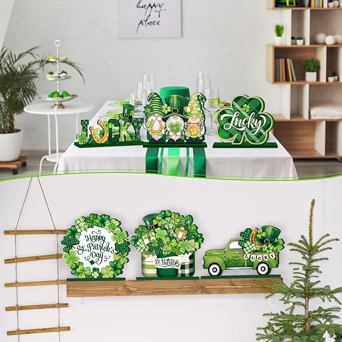 Cinnvoice 6 Pcs Shamrock Table Decorations Wooden Table Centerpieces Rustic Wood Tabletop Sign Decorations for Home Kitchen Office Farmhouse Desk Shelves Party Tiered Tray Decor