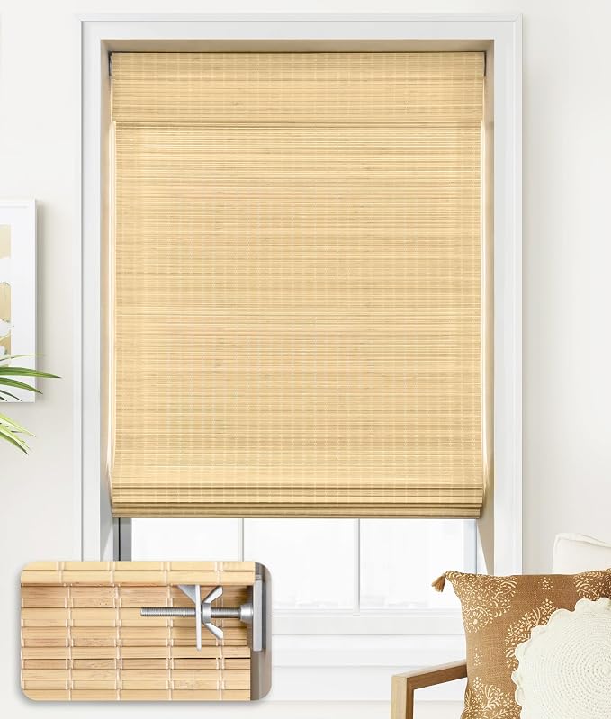 LazBlinds No Drill Bamboo Roman Shades, 30x64, DP-Natural | Privacy Room Darkening Window Treatment, No Tools Cordless Roll Up Bamboo Blinds for Window